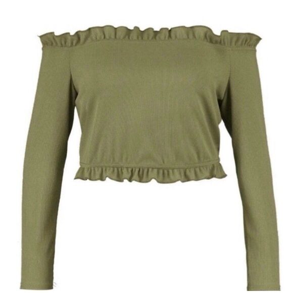 Boohoo NWT Green Fall Chic Off the Shoulder Long Sleeve Ribbed Crop Top - Picture 4 of 9